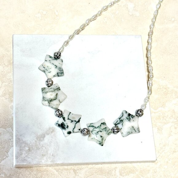 Starry Night Necklace, Genuine White Green Tree Agate Stars & Freshwater Pearls - Picture 5 of 12